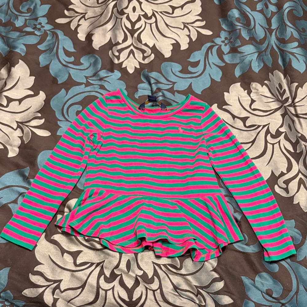 Polo by Ralph Lauren Pink and Green Striped Peplum Long Sleeve Top